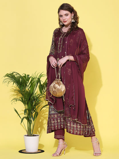 Ethnic Woven & Embroidered Straight Fit Kurta with Pant & Dupatta - Burgundy