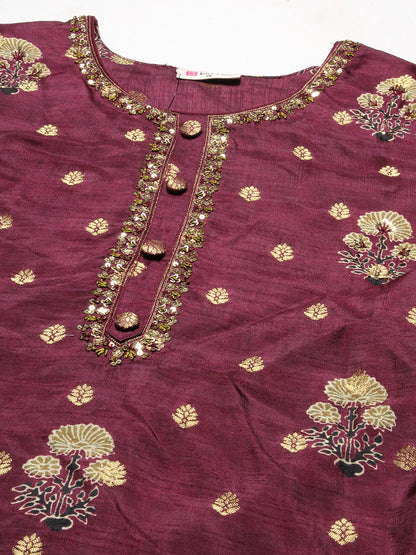 Ethnic Woven & Embroidered Straight Fit Kurta with Pant & Dupatta - Burgundy
