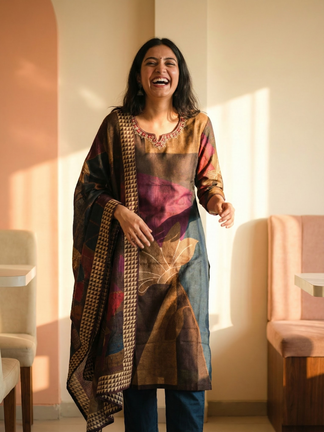 Abstract Printed Embroidered Straight Kurta with Pant and Dupatta- Multi