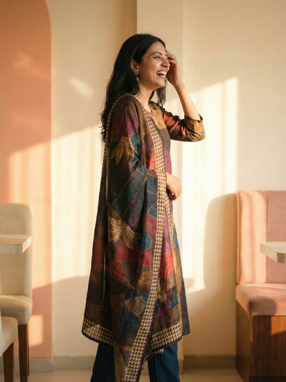 Abstract Printed Embroidered Straight Kurta with Pant and Dupatta- Multi