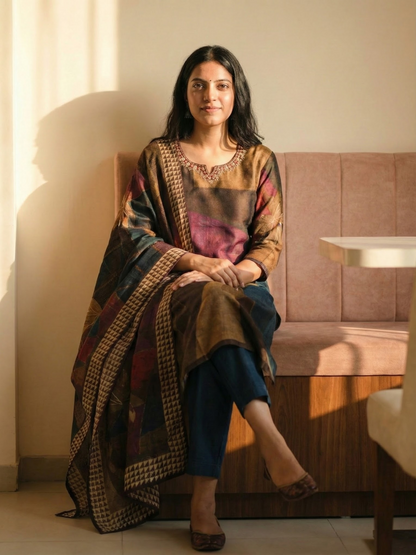 Abstract Printed Embroidered Straight Kurta with Pant and Dupatta- Multi