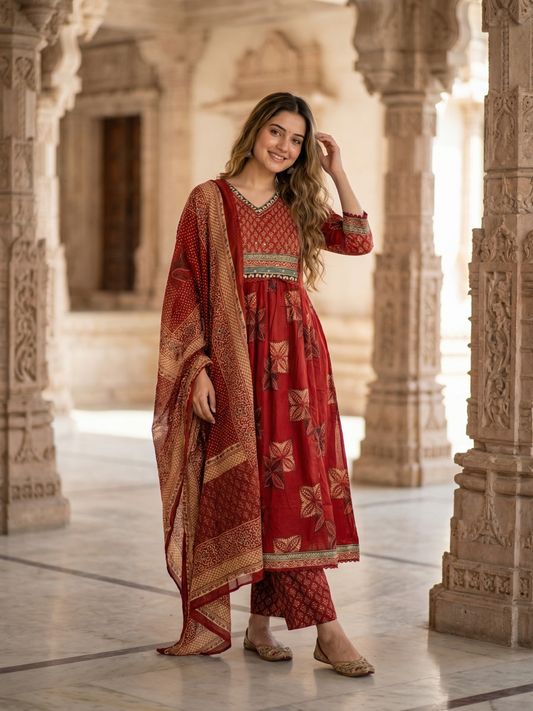 Ethnic Printed Mirror Work A-Line Kurta with Pyjama & Dupatta - Rust