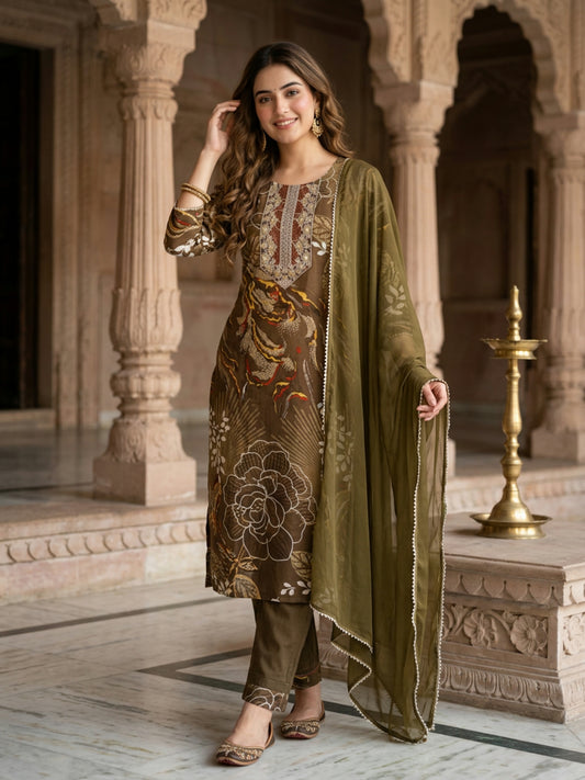 Abstract Floral Printed Embroidered Straight Kurta with Palazzo & Dupatta - Mehndi Green