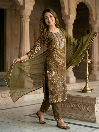 Abstract Floral Printed Embroidered Straight Kurta with Palazzo & Dupatta - Mehndi Green