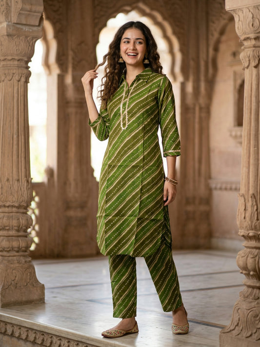 Ethnic Bandhani Foil Printed Straight Fit Co-ord Set - Green