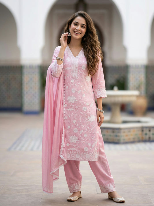 Solid Chikankari Embroidered Straight Kurta with Palazzo & Dupatta - Pink