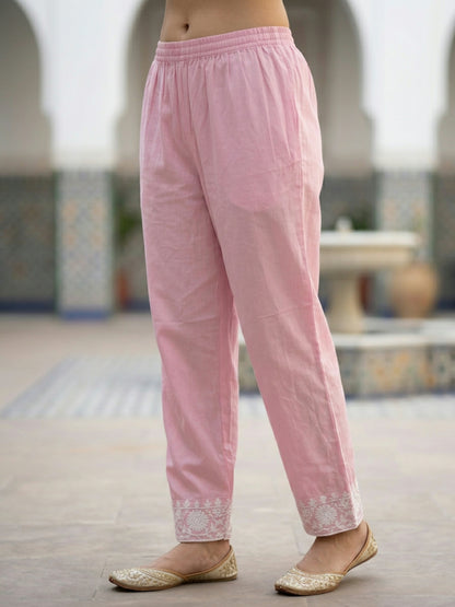 Solid Chikankari Embroidered Straight Kurta with Palazzo & Dupatta - Pink