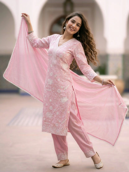 Solid Chikankari Embroidered Straight Kurta with Palazzo & Dupatta - Pink