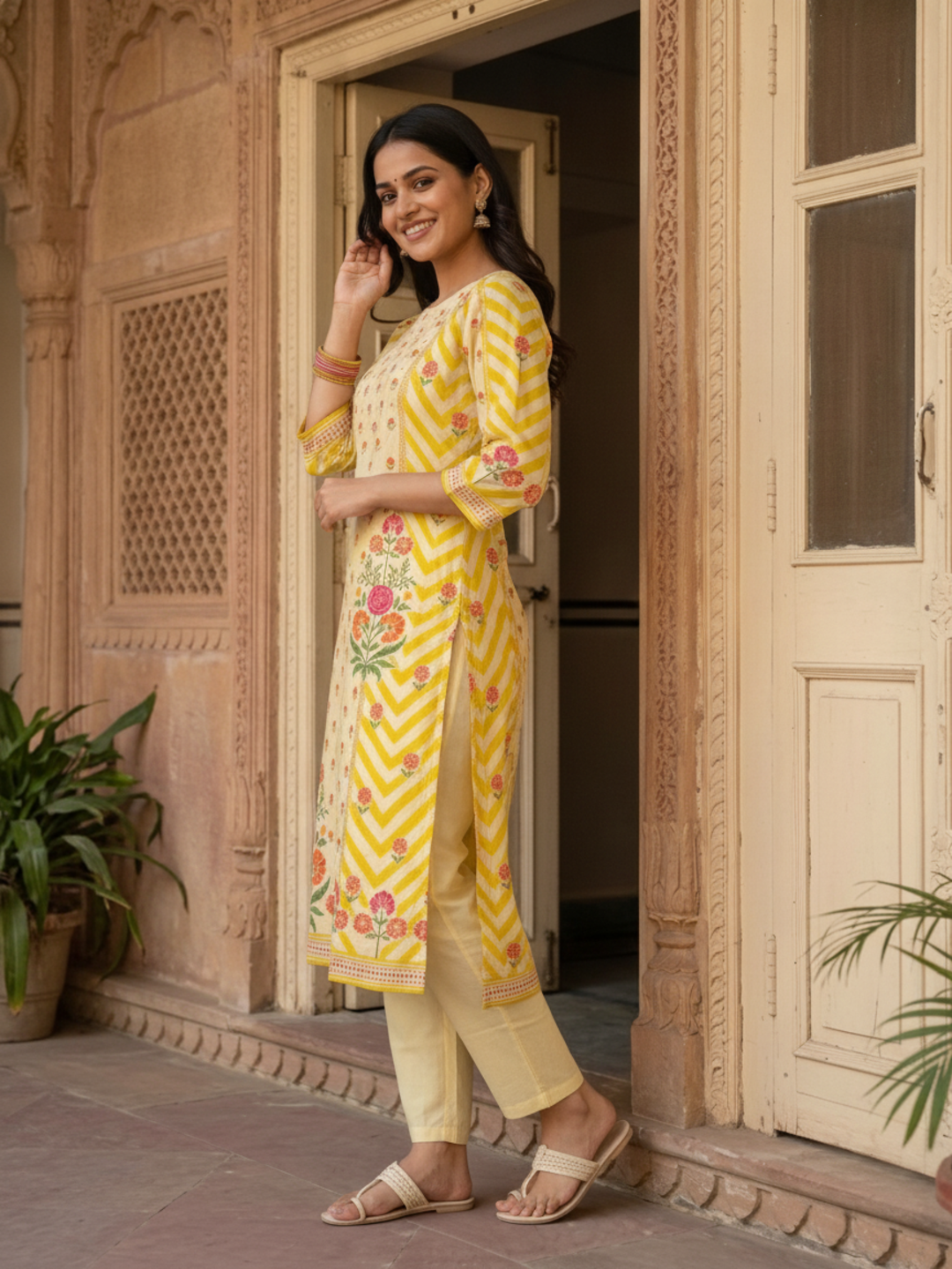 Lemon Yellow Floral Cotton Kurta Set with Embroidery, Pant & Printed Dupatta