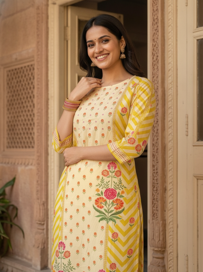 Lemon Yellow Floral Cotton Kurta Set with Embroidery, Pant & Printed Dupatta