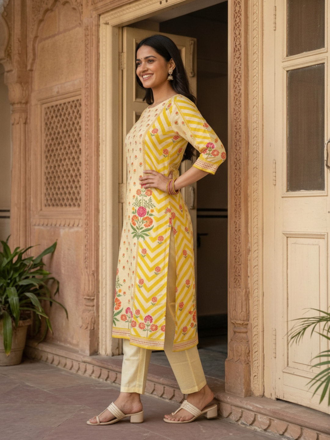 Lemon Yellow Floral Cotton Kurta Set with Embroidery, Pant & Printed Dupatta
