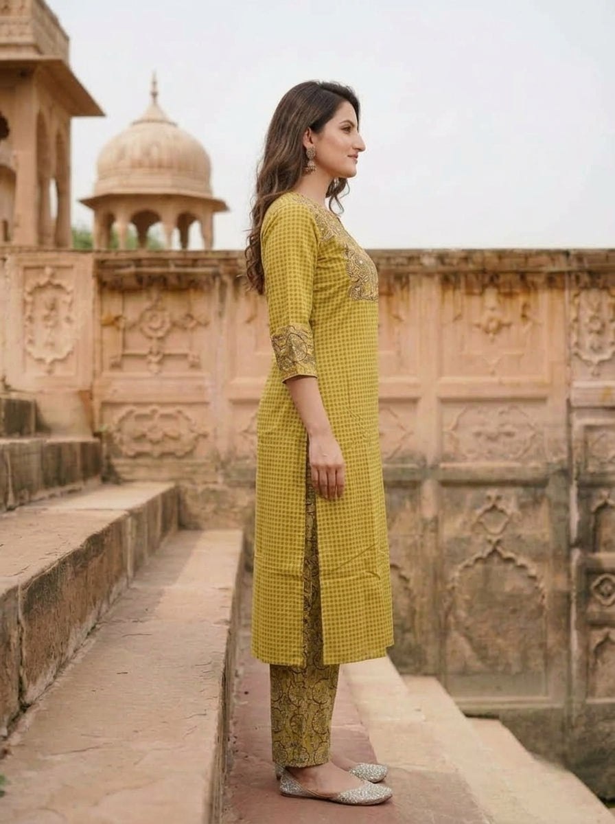 Yellow Kalamkari Floral Printed Embroidered Cotton Blend Straight Kurta Set with Palazzo