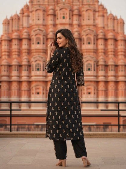 Black Ethnic Printed Mirror Embroidered Cotton Straight Kurta Set with Pant and Dupatta