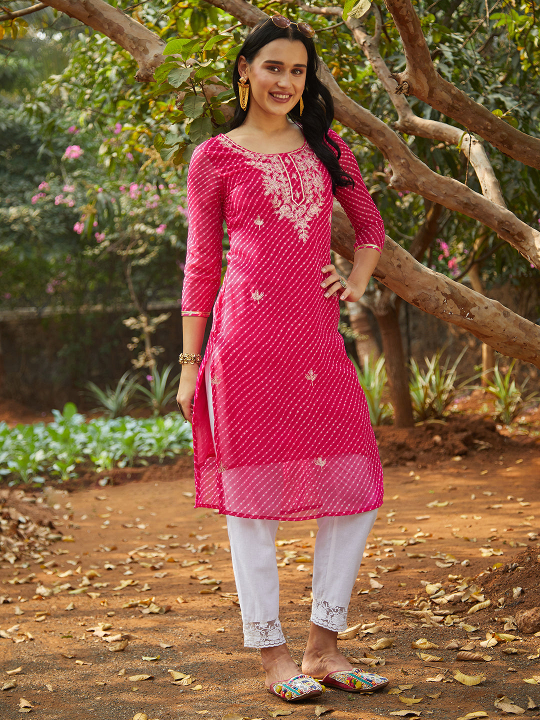 Shop Now Plus Size Rani Pink Shirt Collar Kurti With Pathani Salwar -  ADIRICHA