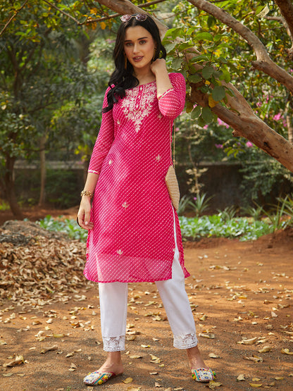 Leheriya Printed & Embroidered Straight Fit Kurta - Rani Pink