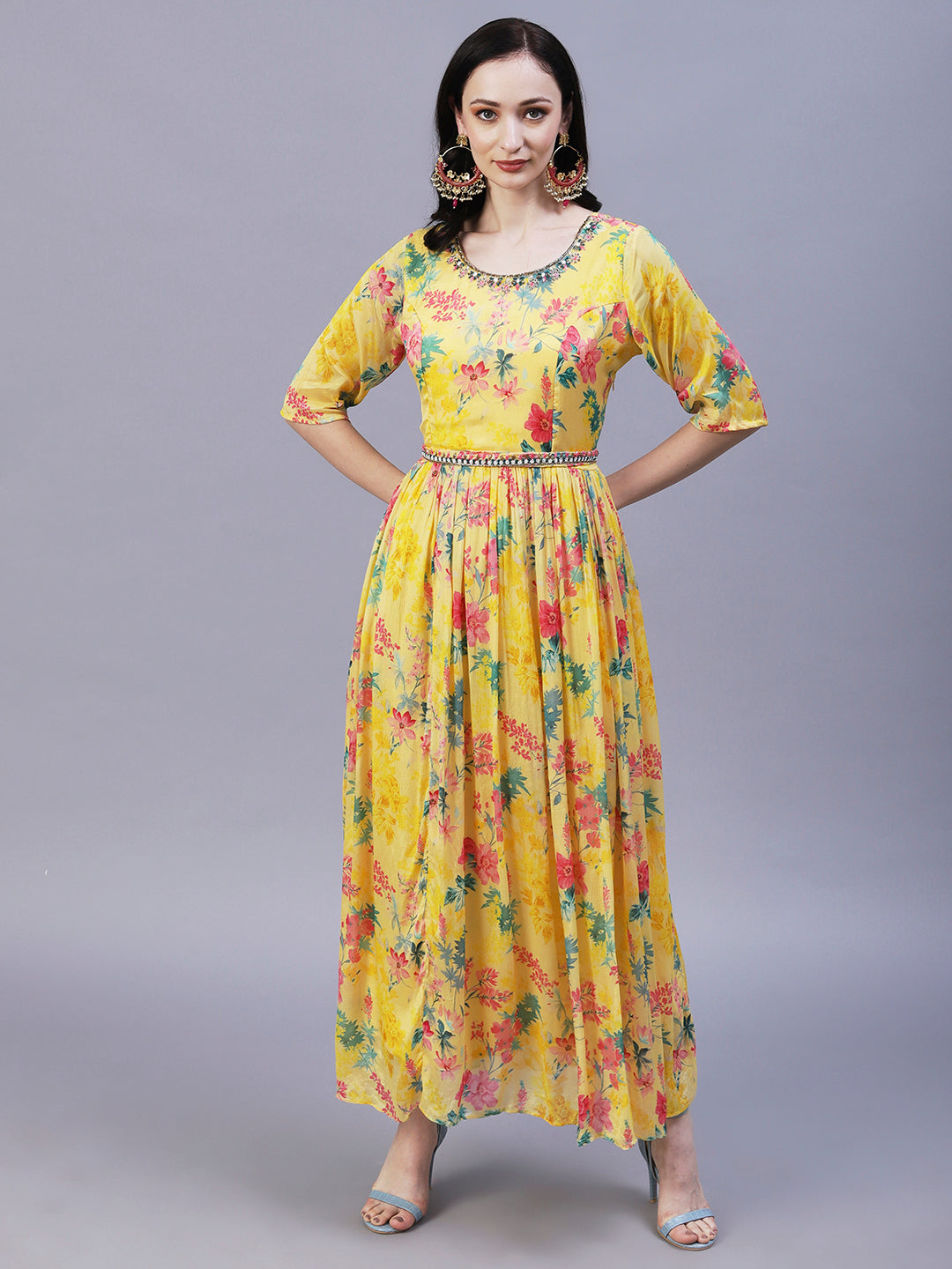 Floral Printed Pearl & Cutdana Embroidered Maxi Dress With Embroidered Belt - Yellow