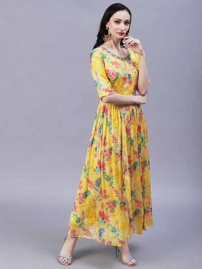Floral Printed Pearl & Cutdana Embroidered Maxi Dress With Embroidered Belt - Yellow