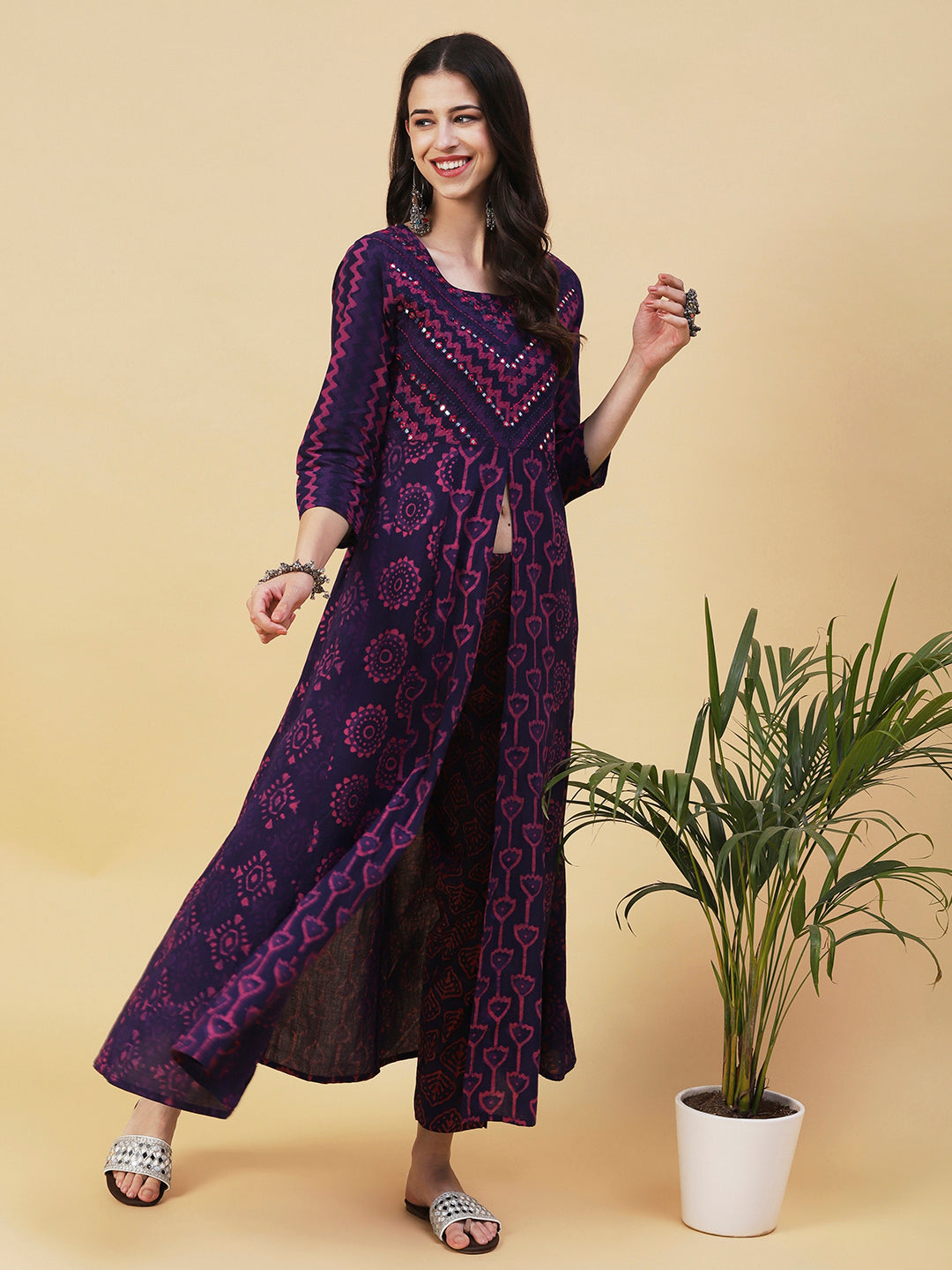 Batik & Block Printed Mirror Embroidered Front Slit Kurta With Pants - Violet