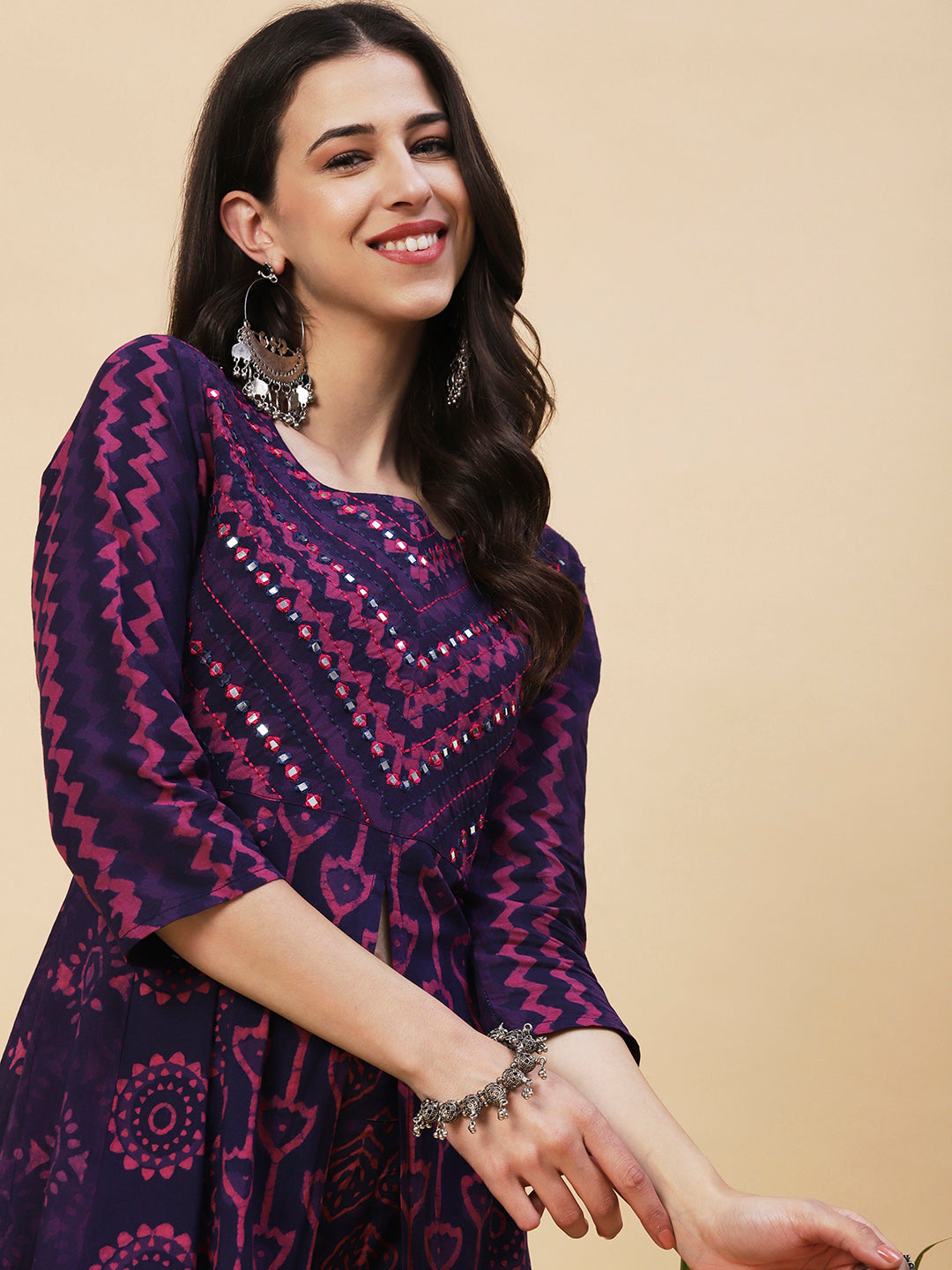 Batik & Block Printed Mirror Embroidered Front Slit Kurta With Pants - Violet