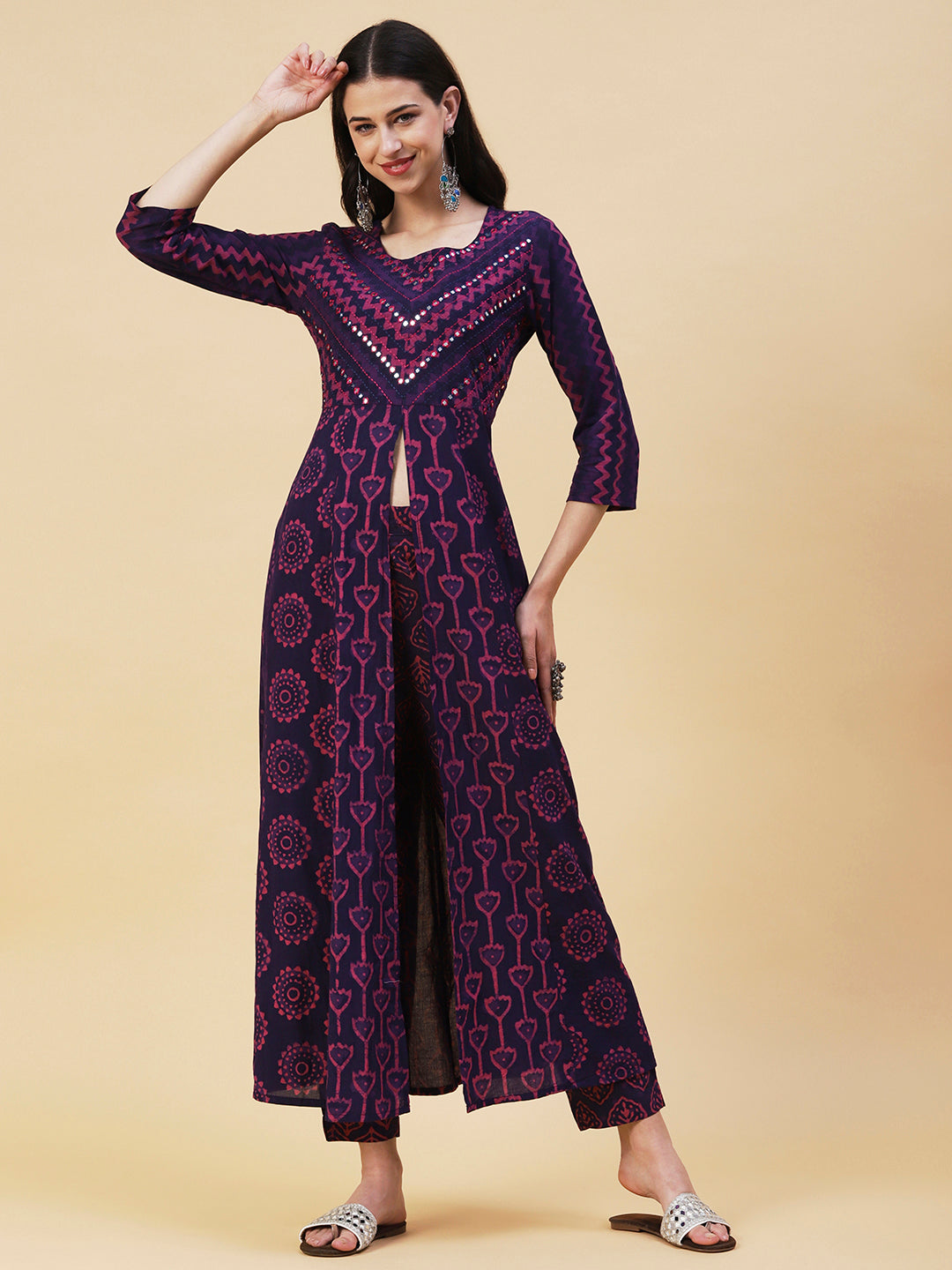 Batik & Block Printed Mirror Embroidered Front Slit Kurta With Pants - Violet