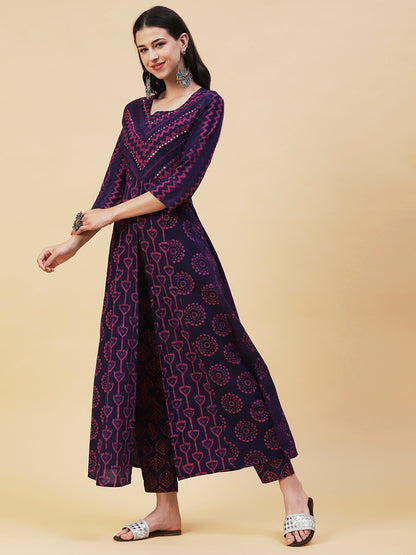 Batik & Block Printed Mirror Embroidered Front Slit Kurta With Pants - Violet