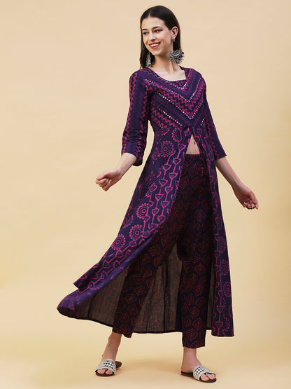 Batik & Block Printed Mirror Embroidered Front Slit Kurta With Pants - Violet