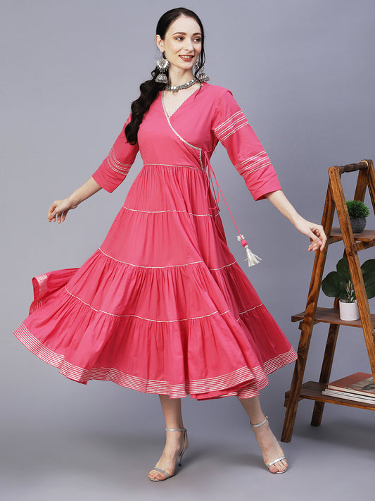 Solid Gota Embroidered Angrakha Tiered Flared Midi Dress - Pink