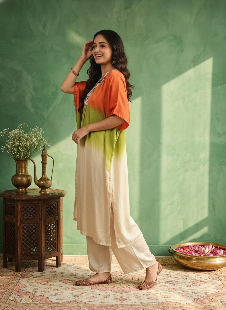 Ombre Printed Kaftan Kurta with Pants – Orange, Green &amp; Beige