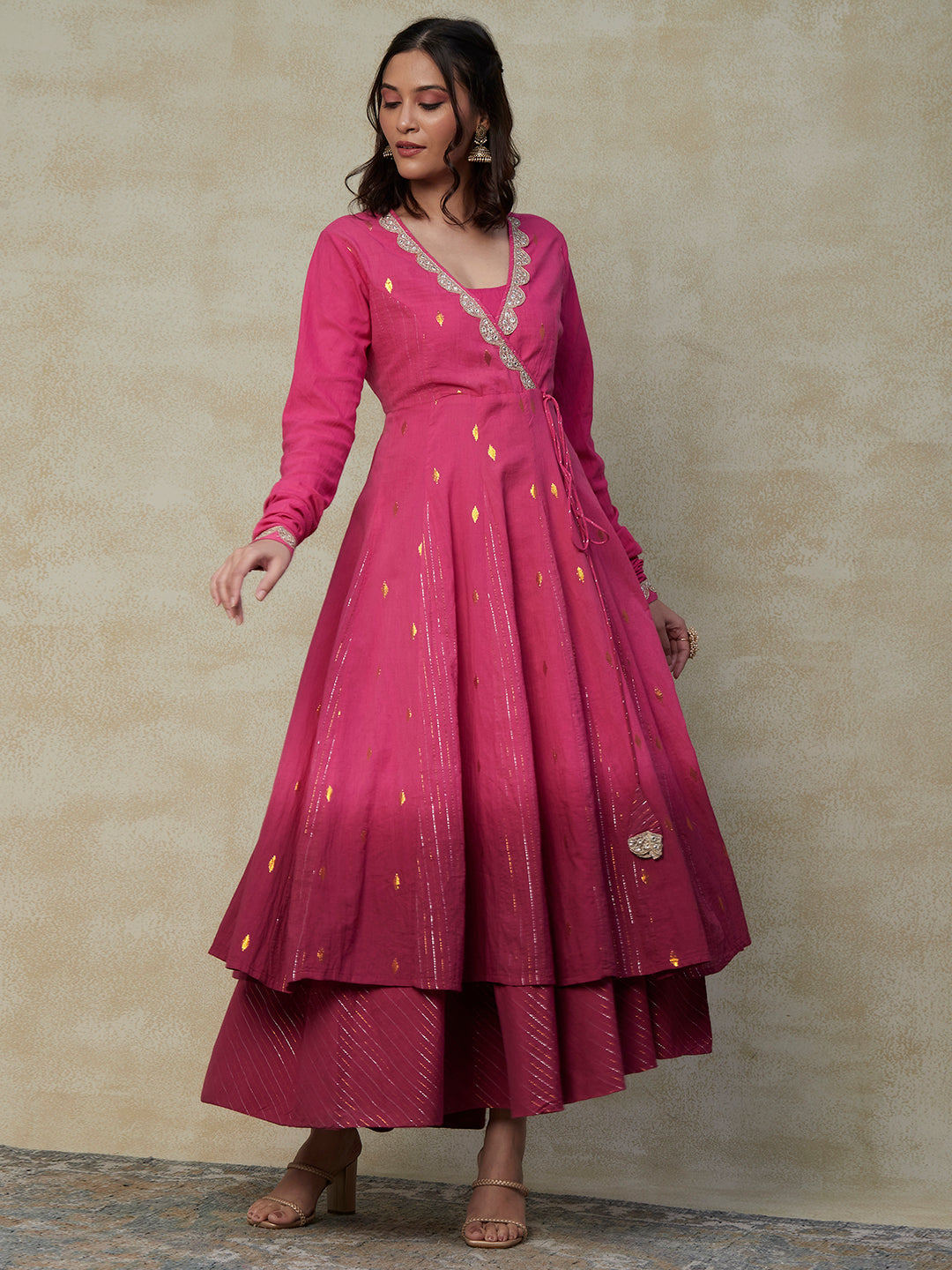 Ombre Dyed Lurex Stripe & Embroidered Anarkali Layered Maxi Dress - Pink
