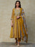 Abstract Foil Printed Mirror, Zari Dori & Resham Embroidered Flared Kurta with Pants & Dupatta - Mustard