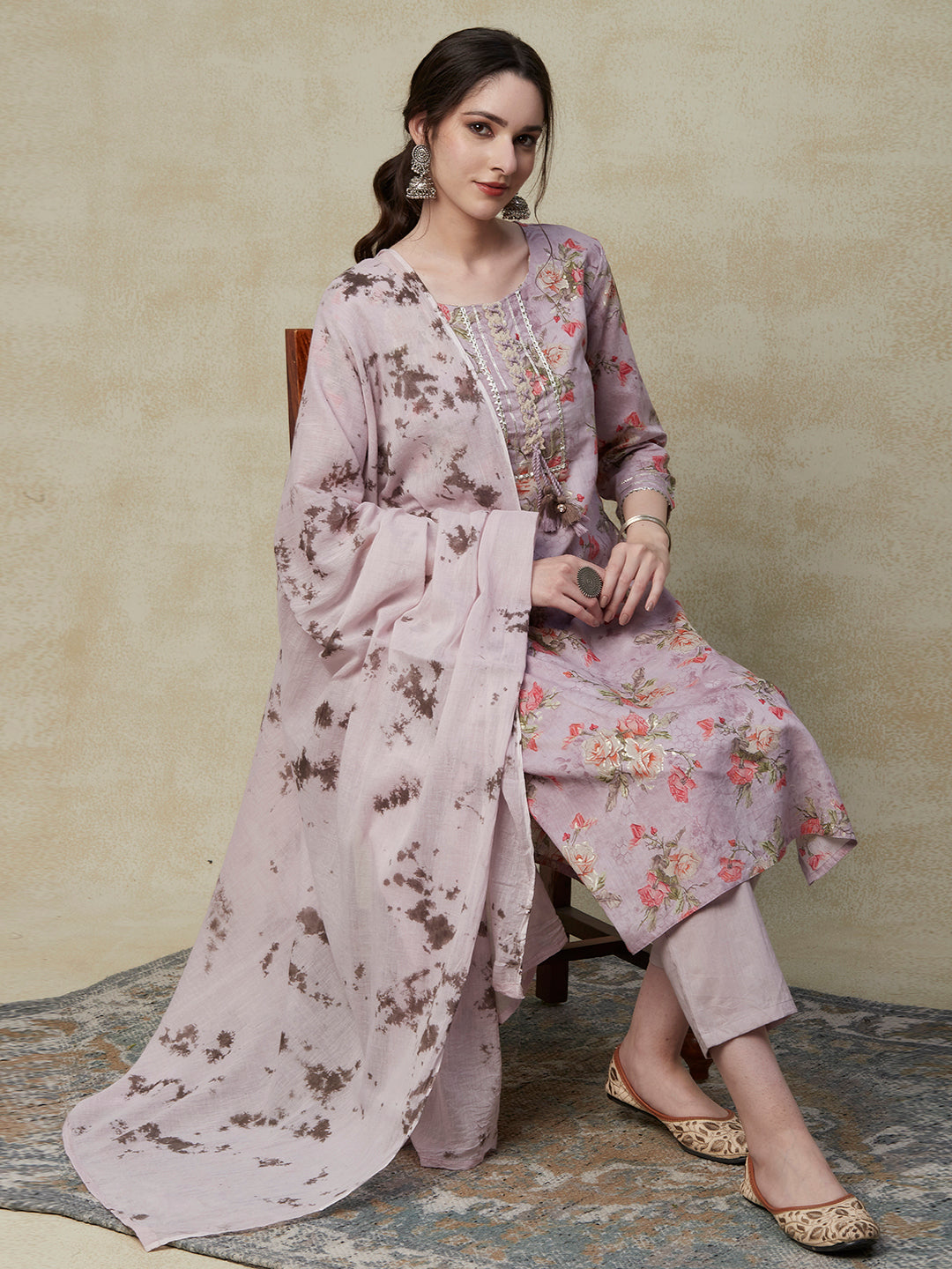 Floral Printed Crochet Lace & Gota Lace Embellished Mul-Cotton Kurta with Pants & Dupatta - Pale Purple