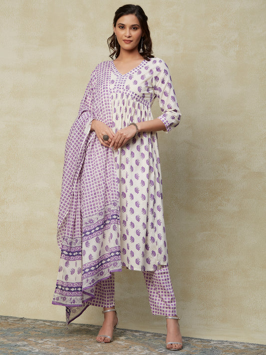 Ethnic Printed & Embroidered A-Line Kurta with Pant & Cotton Mulmul Dupatta - Off White