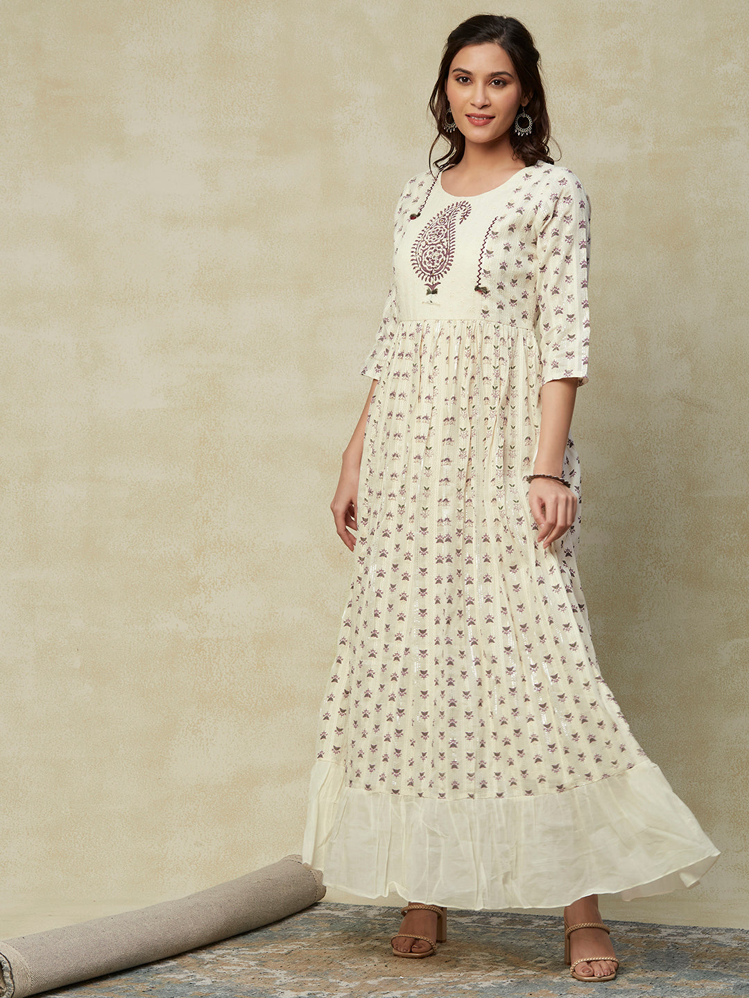 Ethnic Printed Lurex Striped Schiffli A-Line Fit & Flare Maxi Dress - Off White