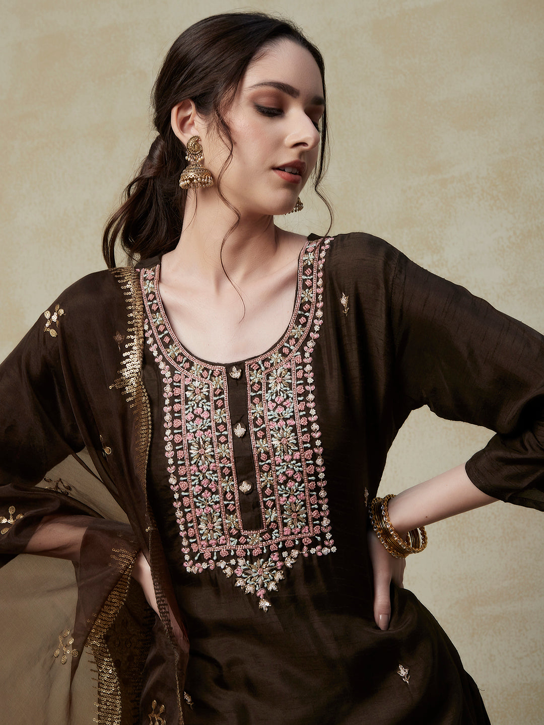 Solid Zardozi Embroidered Kurta with Pants & Sequins Embroidered Dupatta - Brown