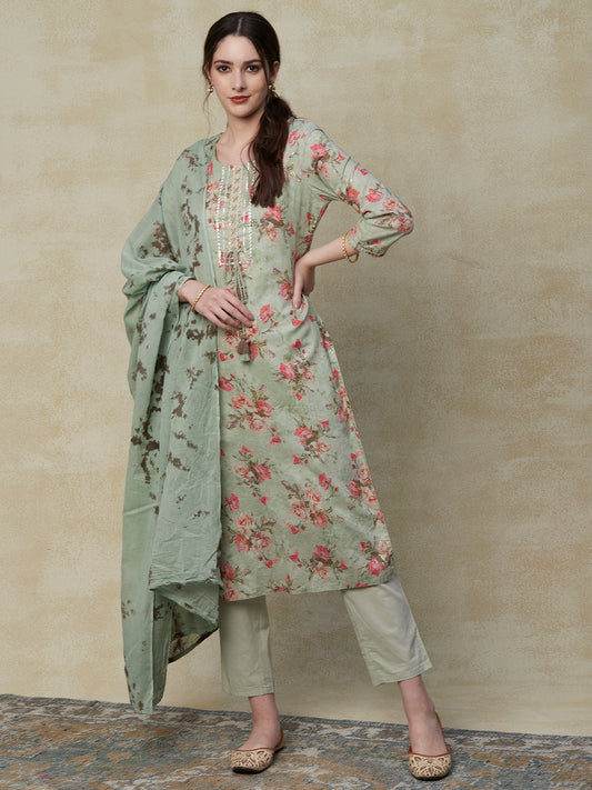 Floral Printed Crochet Lace & Gota Lace Embellished Mul-Cotton Kurta with Pants & Dupatta - Pista Green