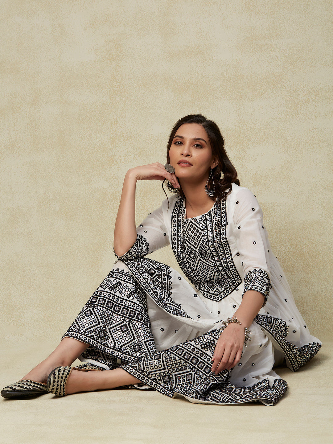 Solid Mirror & Resham Embroidered Gathered Short Mul-Cotton Kurta with Embroidered Sharara & Dupatta - White