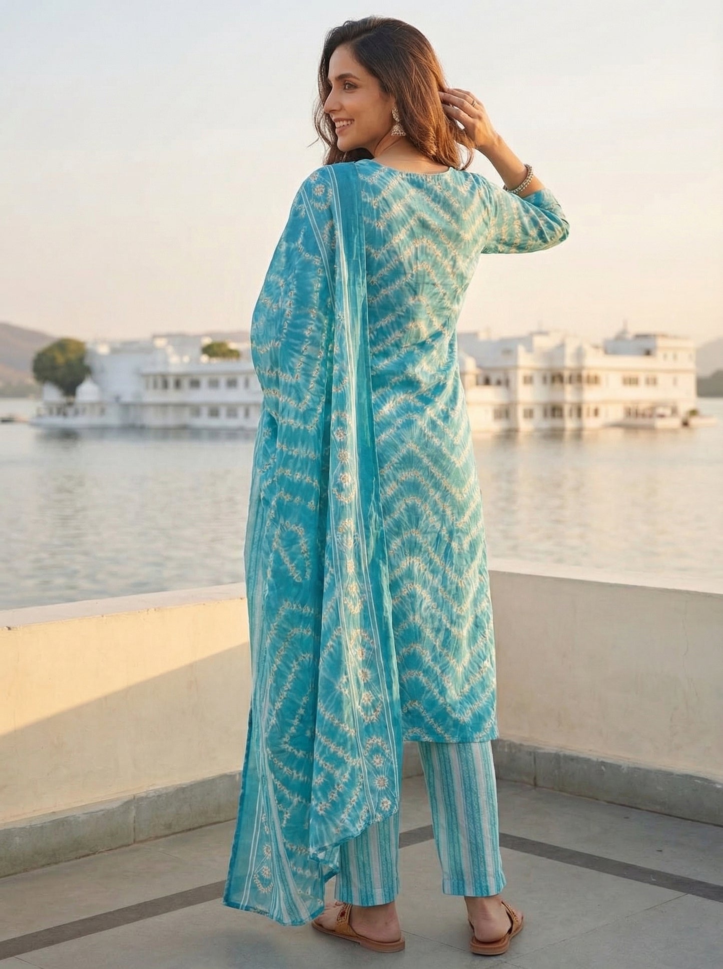 Ethnic Chevron Printed & Embroidered Straight Kurta with Pant & Dupatta - Turquoise Blue