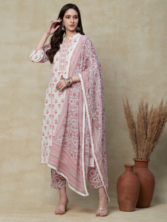 Floral Printed Mirror Embroidered Paneled Kurta with Pants & Floral Dupatta - White & Pink