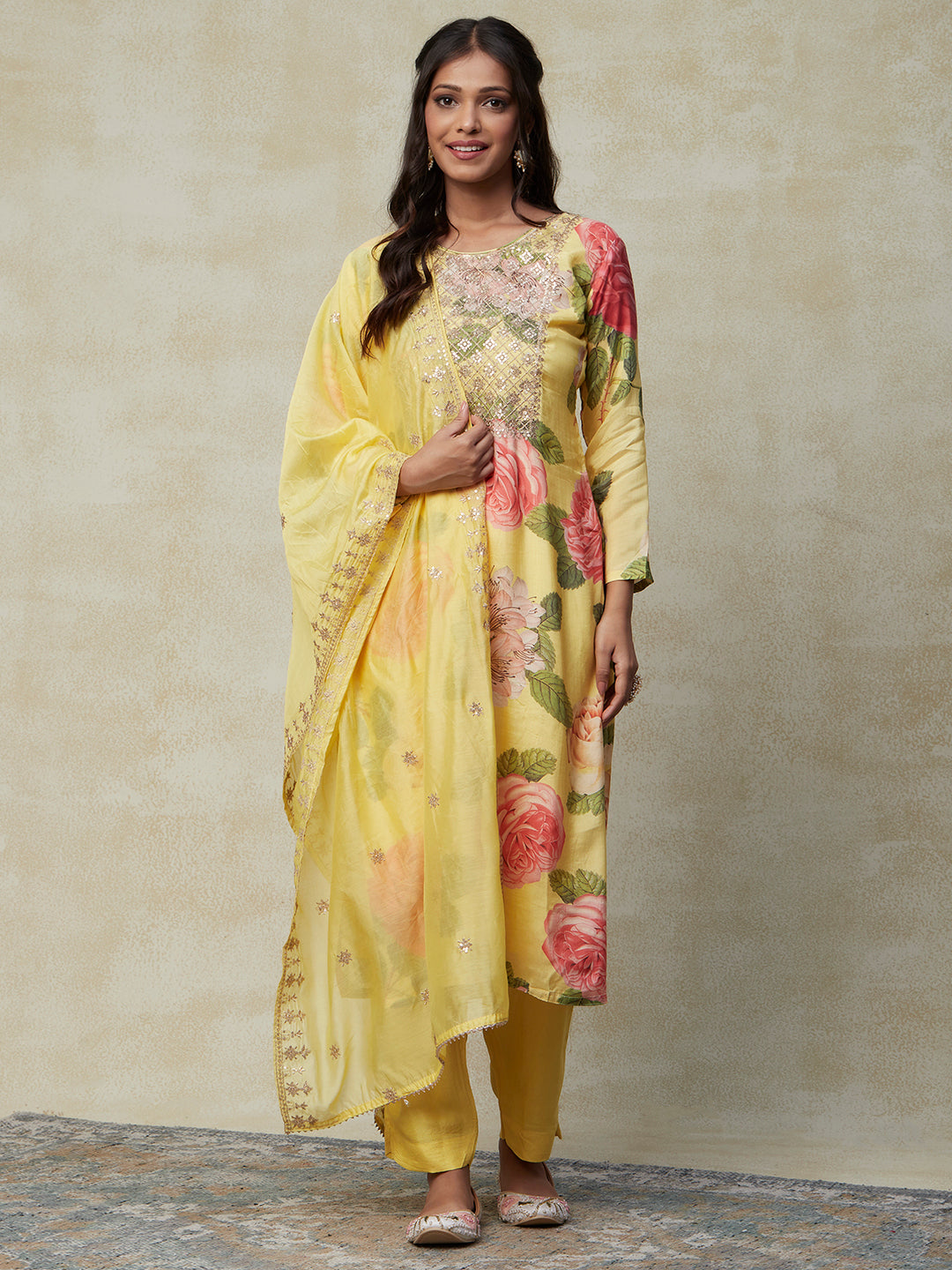Floral Printed Sequins & Zari Embroidered Kurta with Pants & Sequins Embroidered Dupatta - Yellow