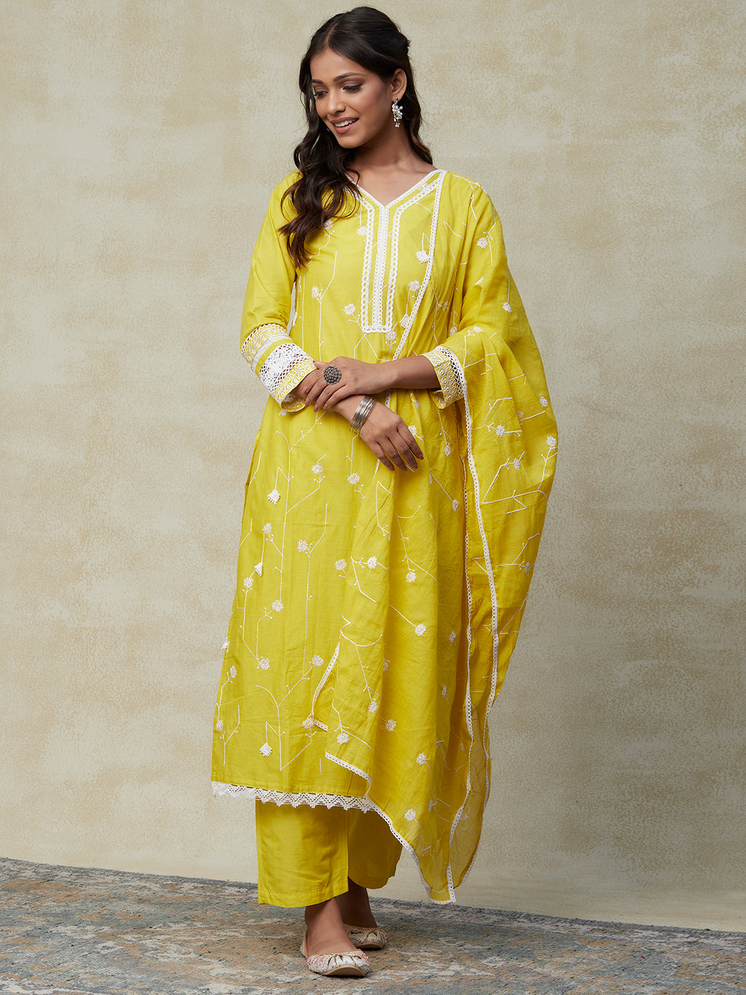 Solid Resham Embroidered Crochet Lace Kurta with Pants & Embroidered Dupatta - Yellow