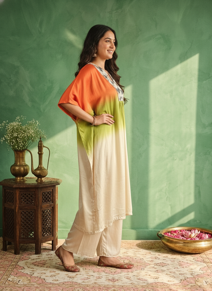 Ombre Printed Kaftan Kurta with Pants – Orange, Green &amp; Beige
