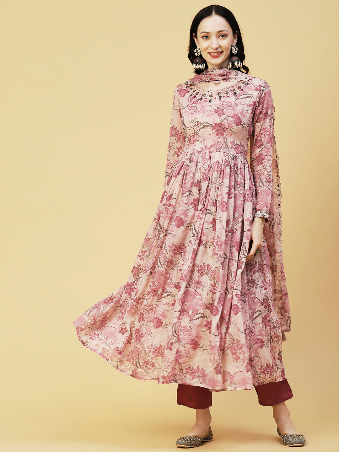 Floral Printed Mirror & Zari Embroidered Gathered Kurta With Pants & Embroidered Floral Dupatta - Rose