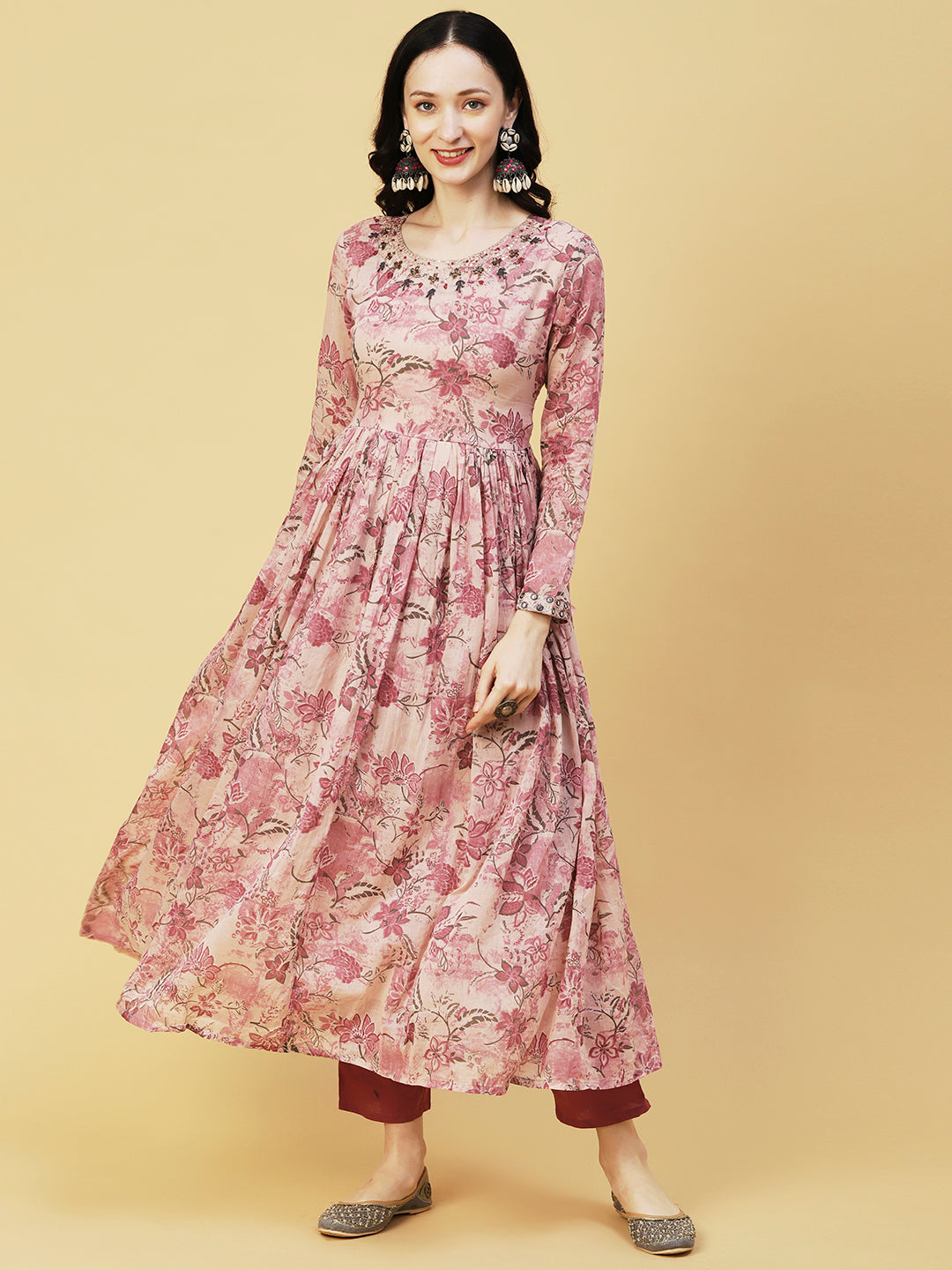 Floral Printed Mirror & Zari Embroidered Gathered Kurta With Pants & Embroidered Floral Dupatta - Rose