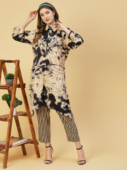 Abstract Stroke Printed A-Line High Low Kurta with Pant - Cream