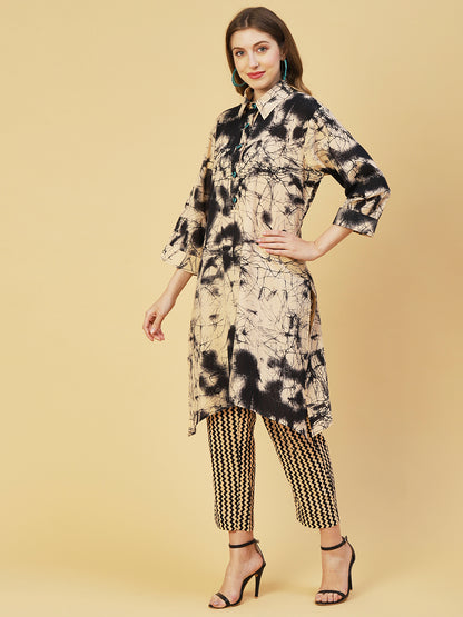 Abstract Stroke Printed A-Line High Low Kurta with Pant - Cream