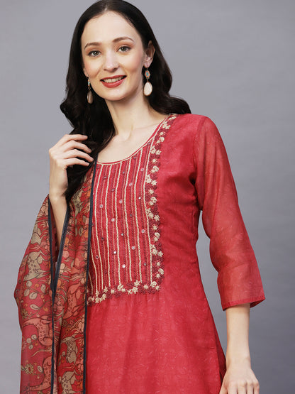 Floral Printed Mirror & Resham Embroidered Kurta With Floral-Fauna Printed Dupatta - Coral Red