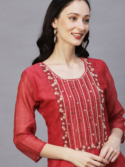Floral Printed Mirror & Resham Embroidered Kurta With Floral-Fauna Printed Dupatta - Coral Red