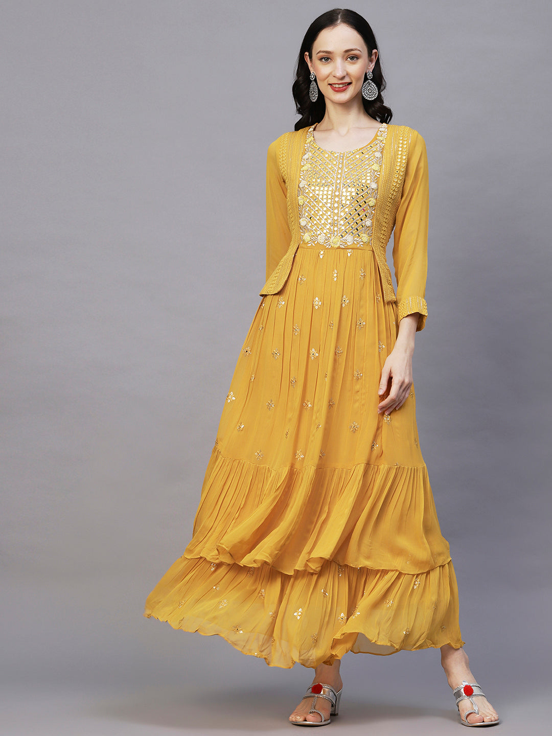 Solid Mirror, Resham Sequins Embroidered Shrug Style Layered