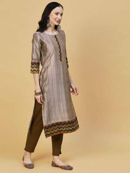 Textured Striped Resham & Sequins Embroidered Kurta With Matching Dupatta - Taupe