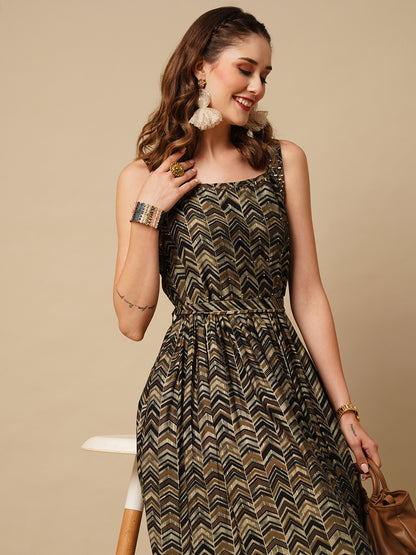 Chevron Foil Printed Mirror & Beads Embroidered Maxi Dress with Tie-up Waist Belt - Brown & Multi